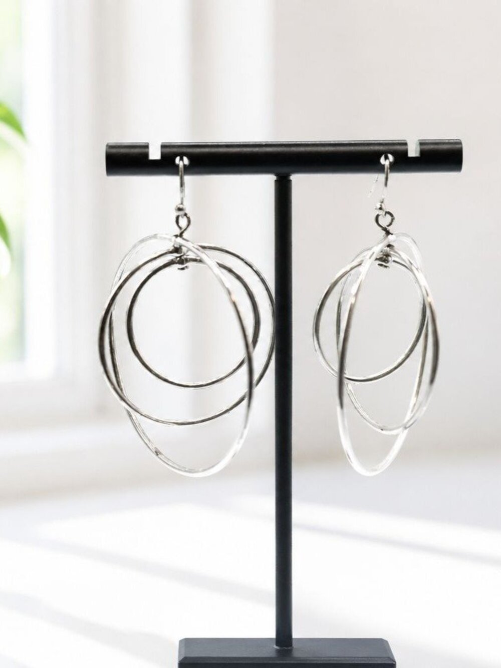 Multi-Layered Silver-Tone Dangle Hoop Earrings Retro Style Lightweight Statement
